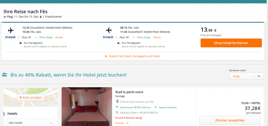 Screenshot Deal Städtereise Fes - nur 37,28€ 4 Nächte Flug & Hotel