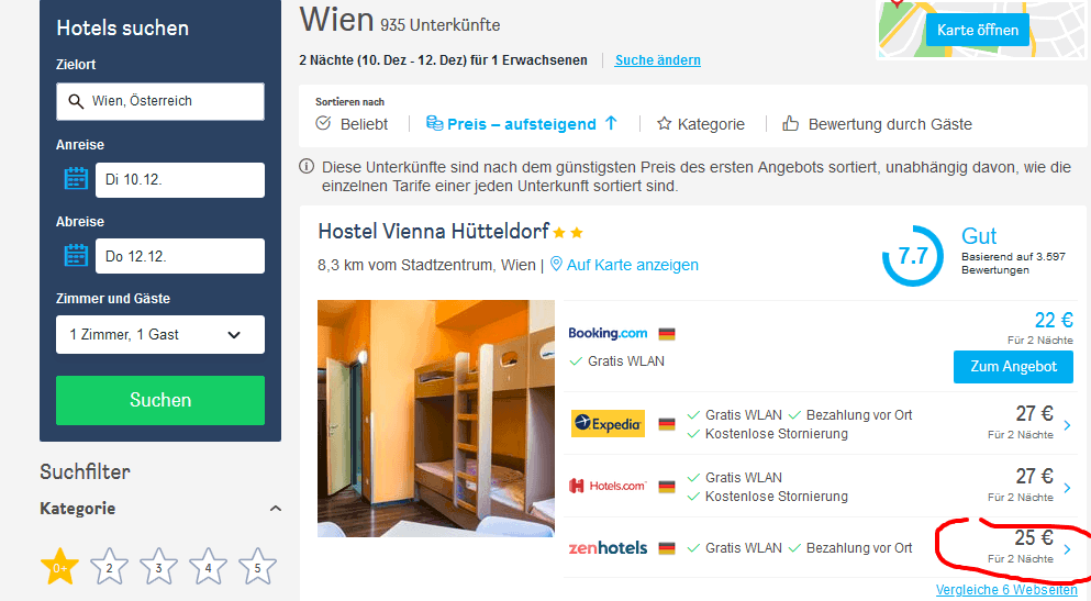 Übernachtung für 2 Nächte nur 25,00€ im Zentrum von Wien - Screenshot