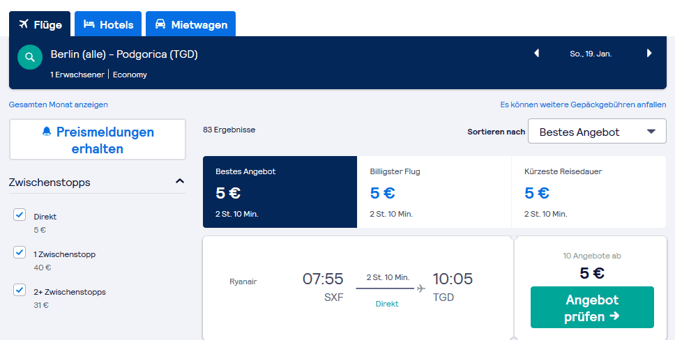 Screenshot Deal Flüge nach Podgorica - nur 5,00€ Mazedonien Flug