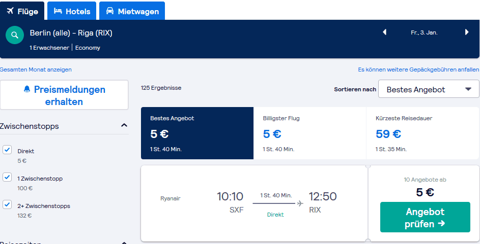 Screenshot Deal Flüge nach Riga - nur 5,00€ Flug mit Ryanair nach Lettland