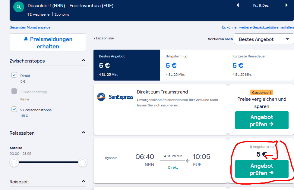 Screenshot Deal Flug Düsseldorf Fuerteventura - für 5,00€ 4h 25min Flugzeit