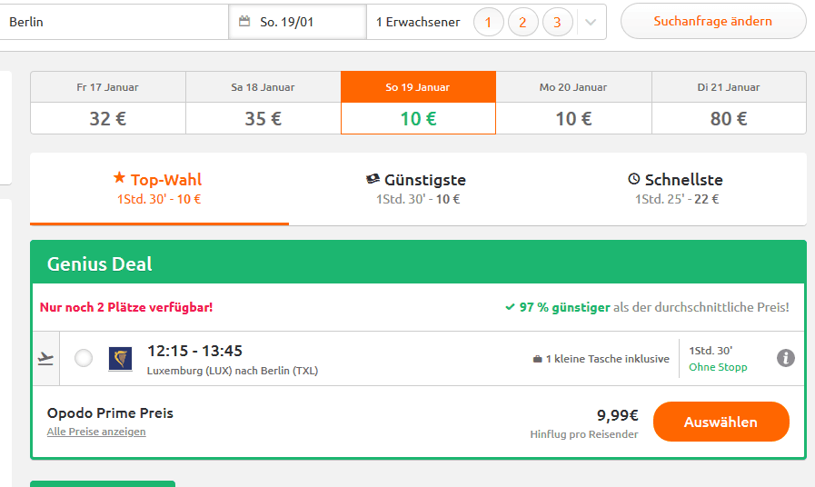 Screenshot Deal Flug Luxemburg Berlin - nur 9,99€ Billigflug mit Ryanair