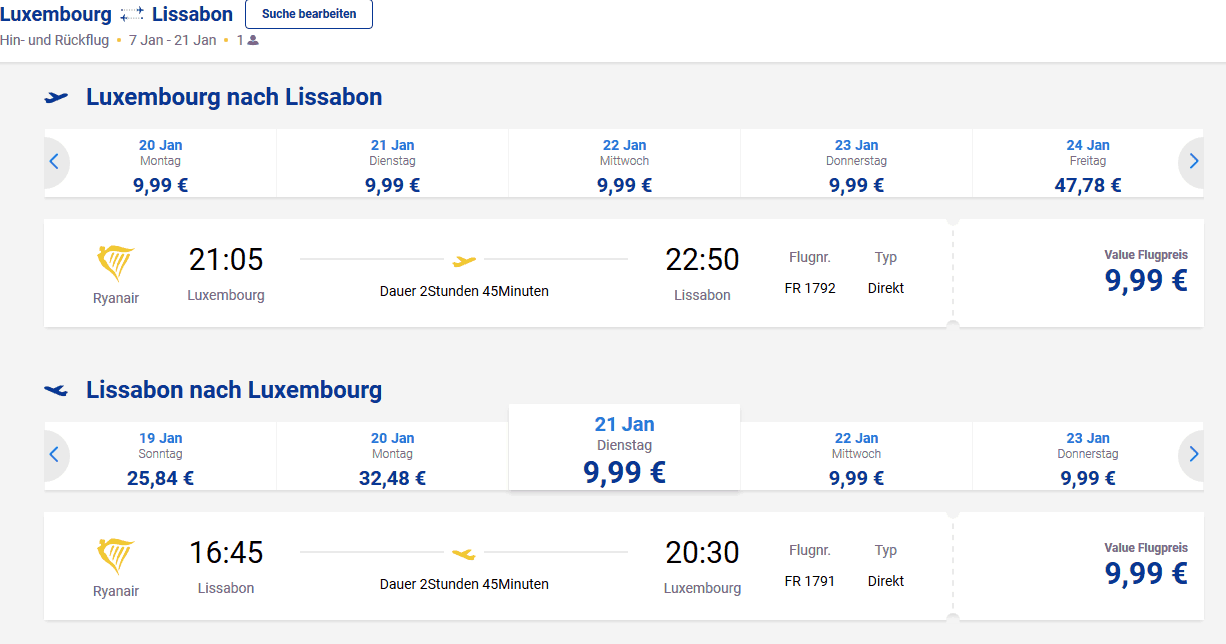 Screenshot Flug Deal für Städtereise Lissabon - nur 28,00€ Flug und Hotel