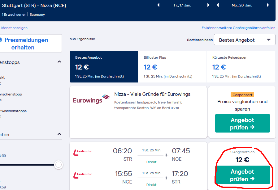 Screenshot Flugdeal Nizza Urlaub - nur 44,00€ Flug & Hotel