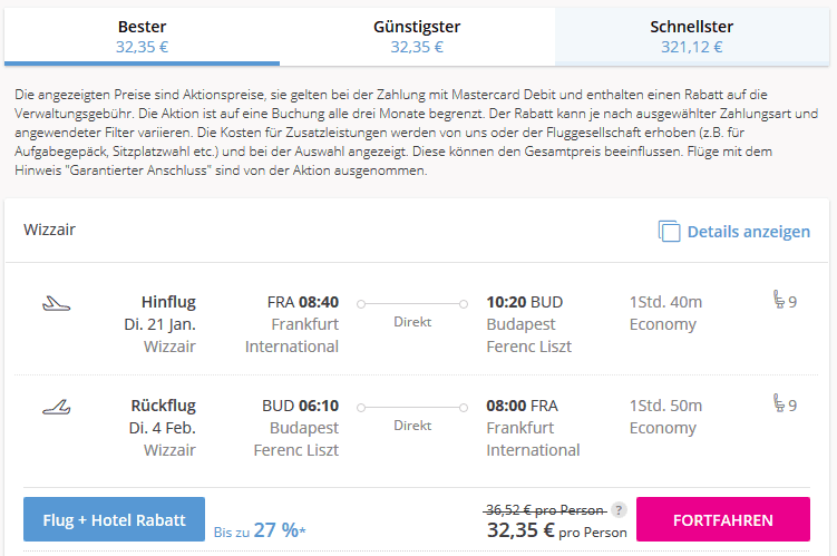 Screenshot Deal Flüge nach Budapest - ab 32,35€ Hin & Rückflug