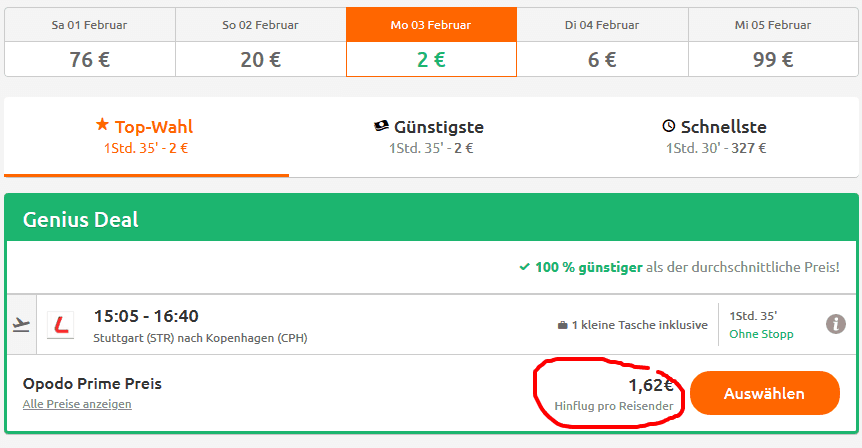 Screenshot Deal Kopenhagen Flüge 100% günstiger - ab 1,62€ Flug buchen