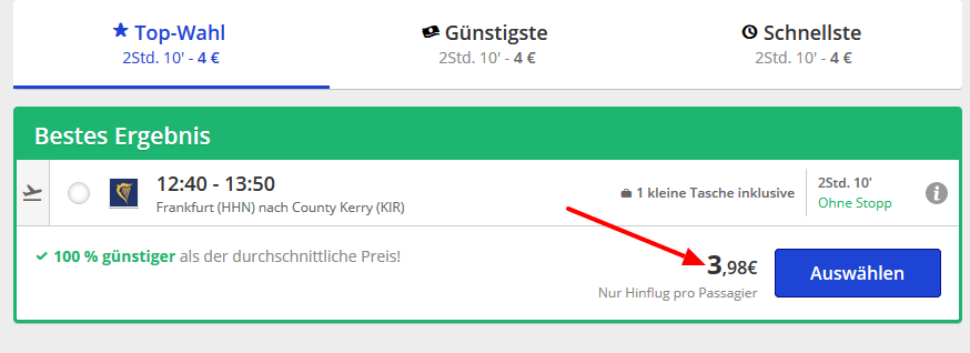 Screenshot Deal Flüge nach Kerry günstig ab 3,98€ Frankfurt Hahn nach Kerry