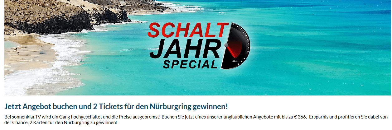 Screenshot Deal Schaltjahr Special bei sonnenklar.tv Nürburgring Gewinnspiel