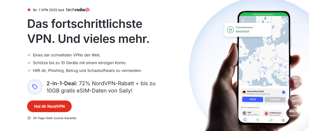 Nord VPN für Reisen: 2-in-1-Deal: 72 % Rabatt + 10 GB gratis eSIM Sicher Surfen 2025 🌍 2 NordVPN für Reisen