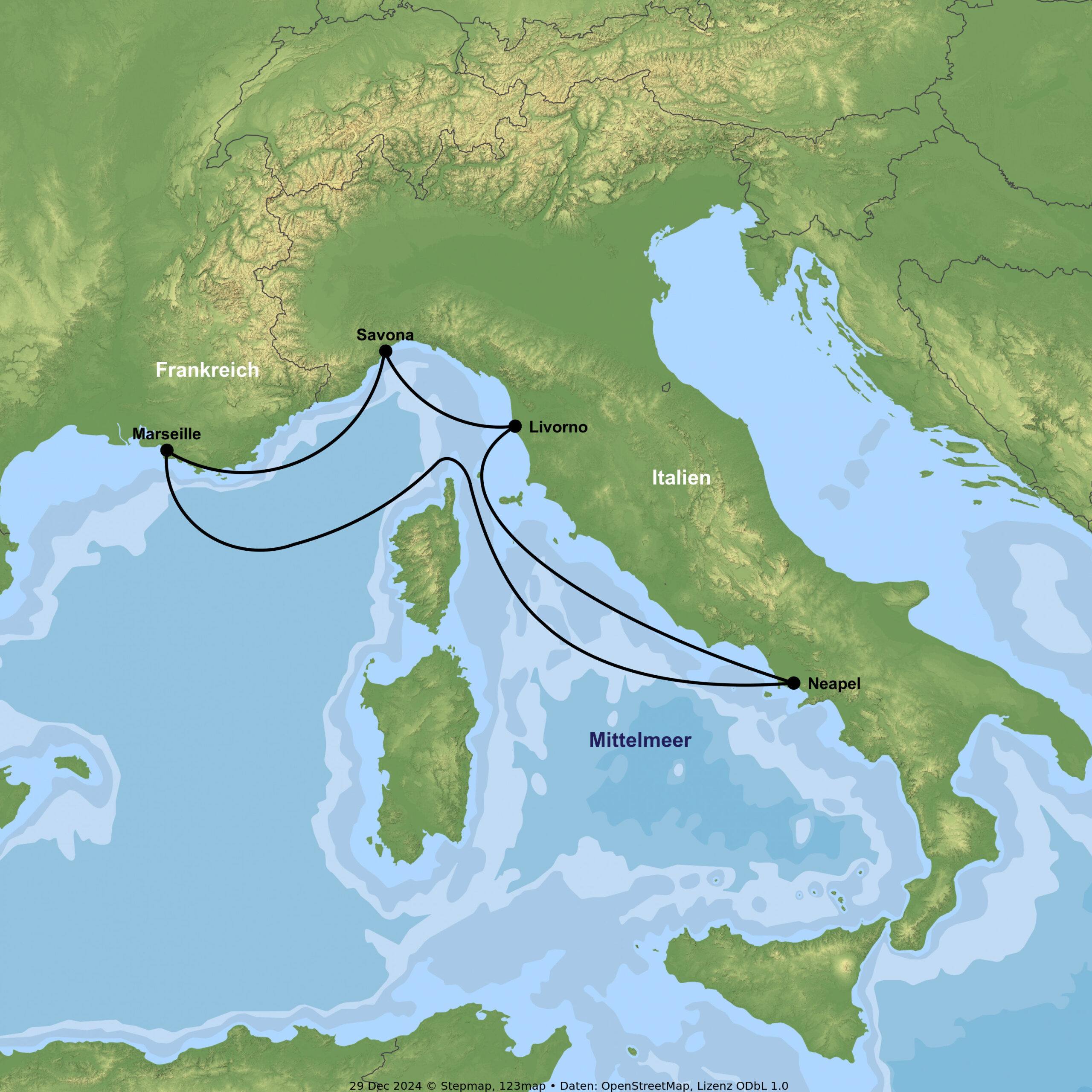 Reiseroute Mittelmeer Kreuzfahrt